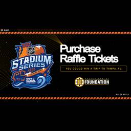 NHL 2026 Stadium Series raffle ticket promotion featuring the Boston Bruins Foundation, offering a chance to win a trip to Tampa, Florida.