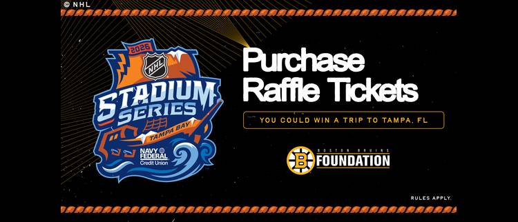 NHL 2026 Stadium Series raffle ticket promotion featuring the Boston Bruins Foundation, offering a chance to win a trip to Tampa, Florida.