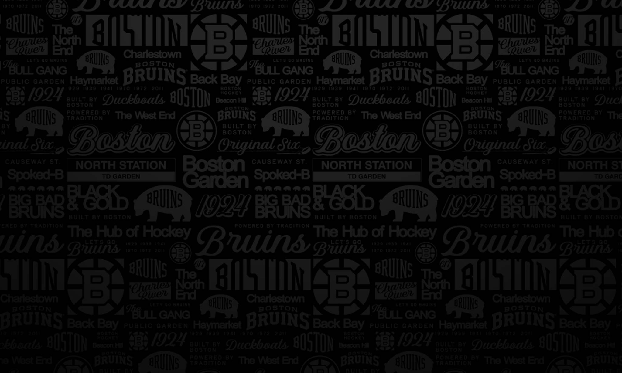 Repeating pattern of Boston Bruins logos, text, and hockey-related phrases on a dark background, including "The Hub of Hockey," team name, and iconic symbols.