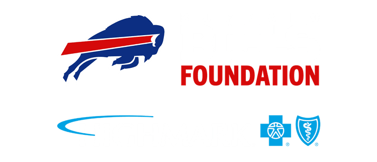 Buffalo Bills Foundation logo featuring a blue buffalo with a red stripe, the word "Foundation" in red text, a blue curved line, and Blue Cross Blue Shield medical symbols.
