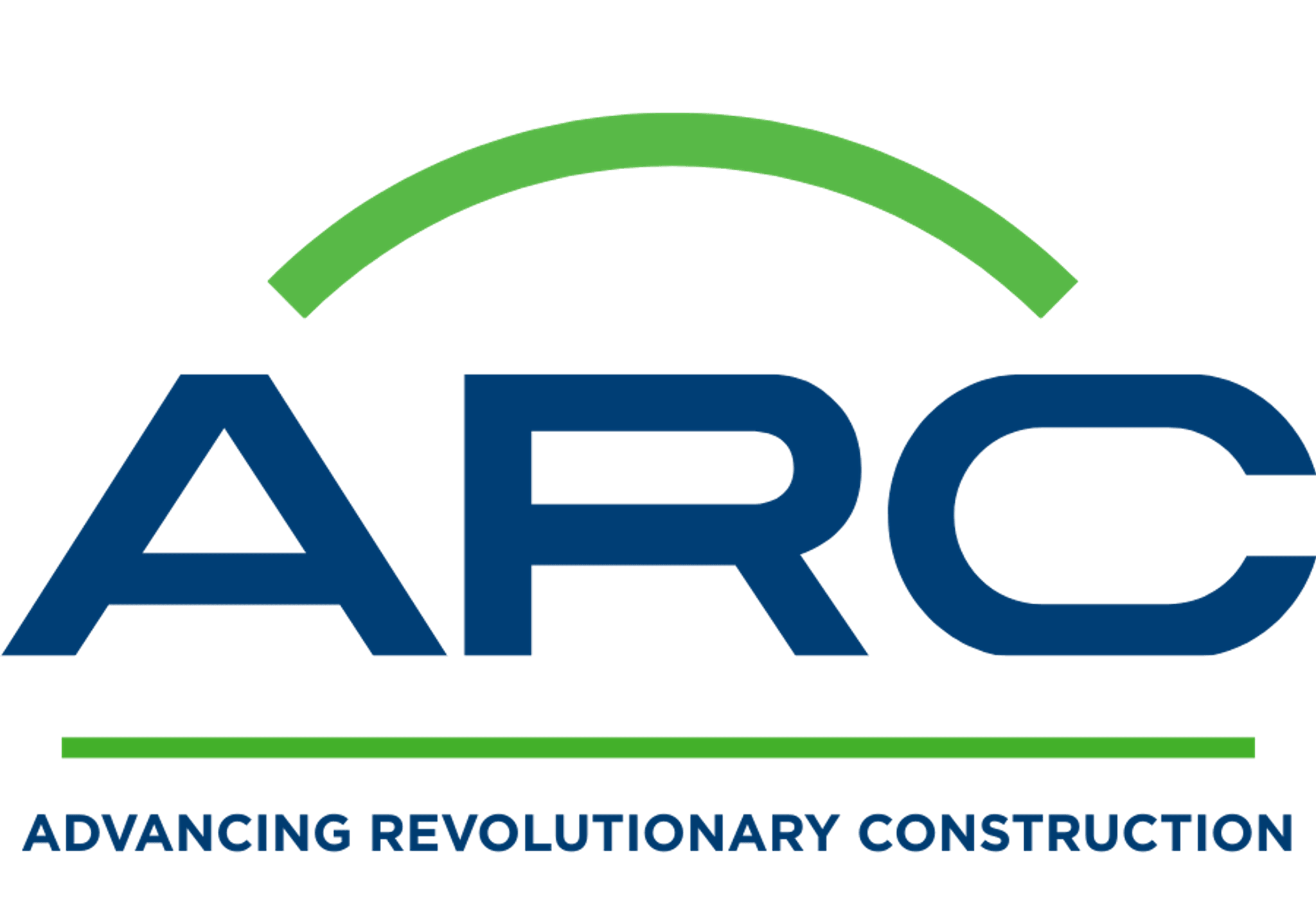 ARC logo with green arc above dark blue letters and tagline "Advancing Revolutionary Construction" below, representing a construction or building company.