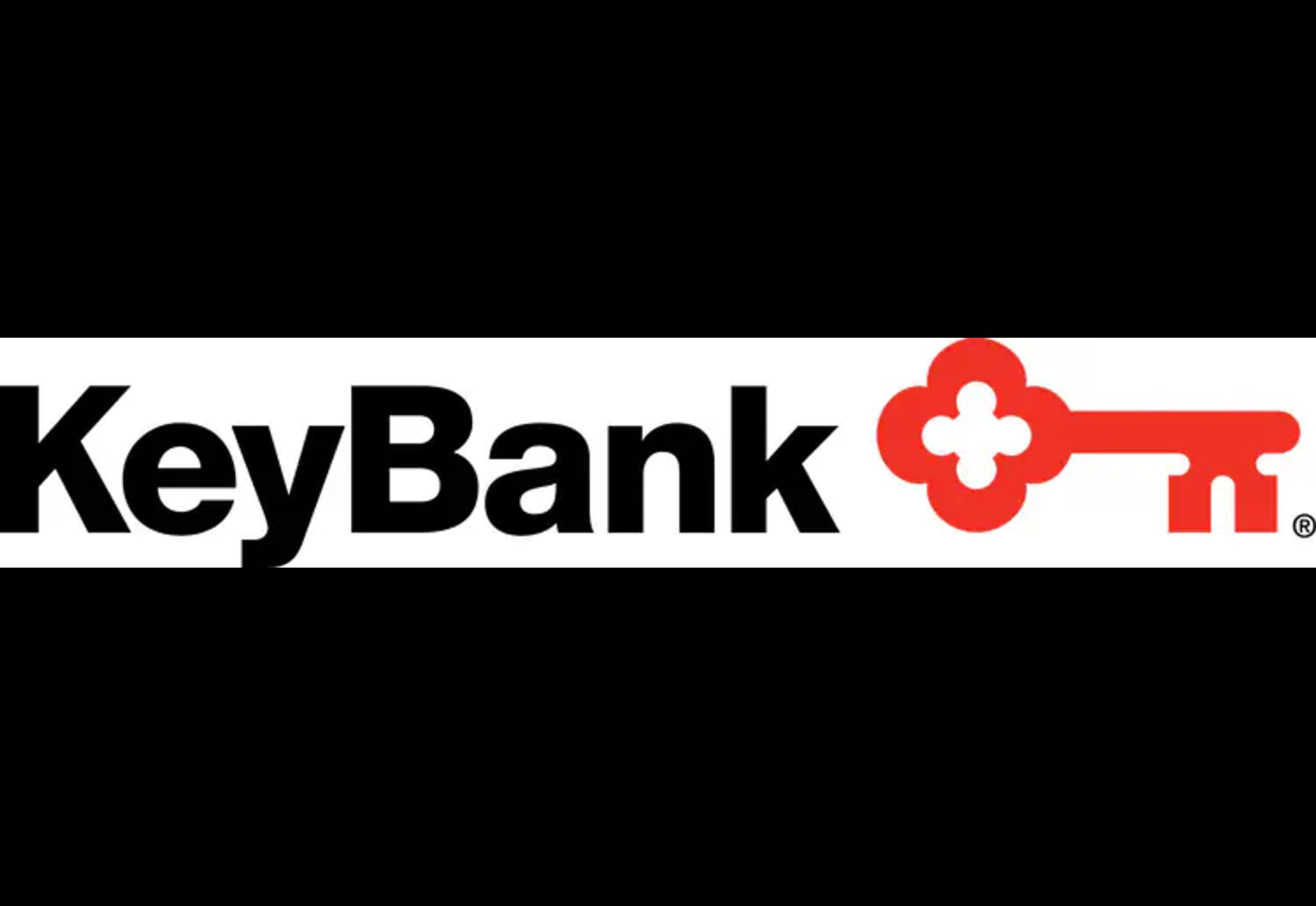 KeyBank logo featuring black text with a red decorative key symbol on the right side.