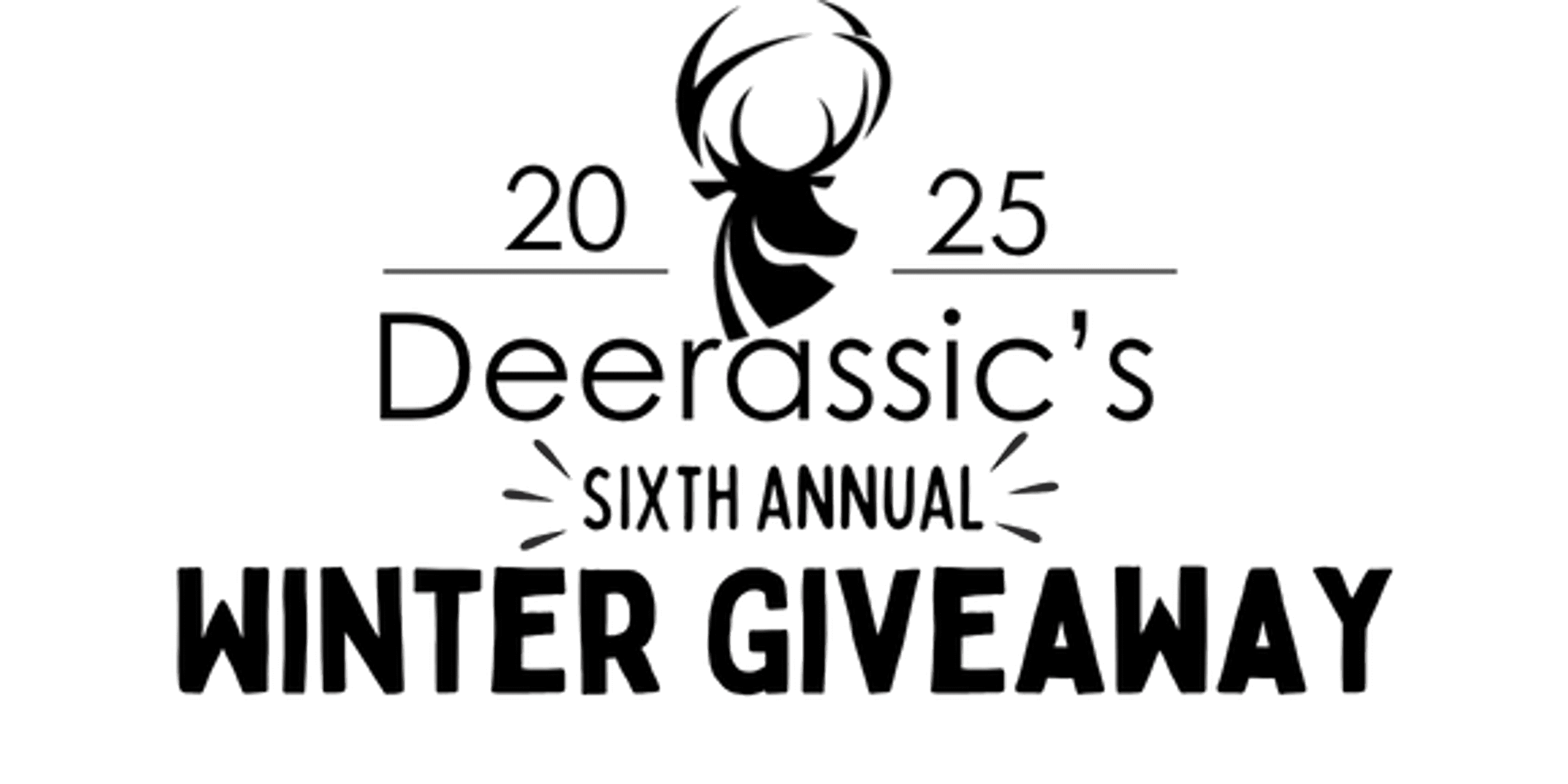 Deerassic's Sixth Annual Winter Giveaway 2025 logo featuring a stylized black deer head silhouette above text with decorative antler elements.