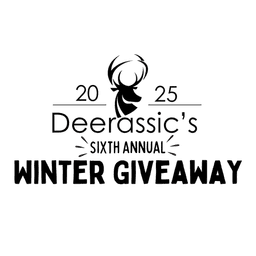 Deerassic's Sixth Annual Winter Giveaway 2025 logo featuring a stylized black deer head silhouette above text with decorative antler elements.