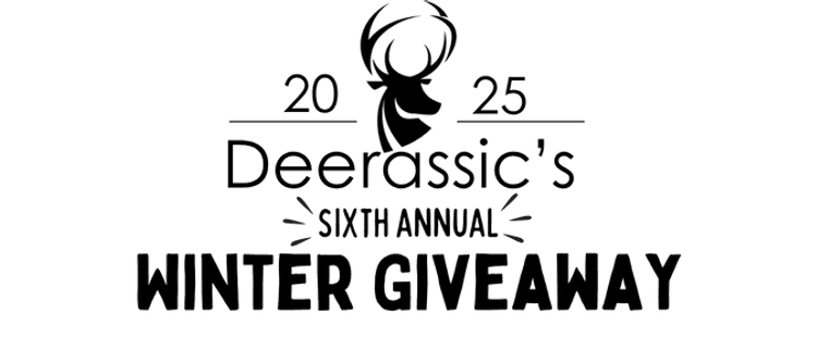 Deerassic's Sixth Annual Winter Giveaway 2025 logo featuring a stylized black deer head silhouette above text with decorative antler elements.