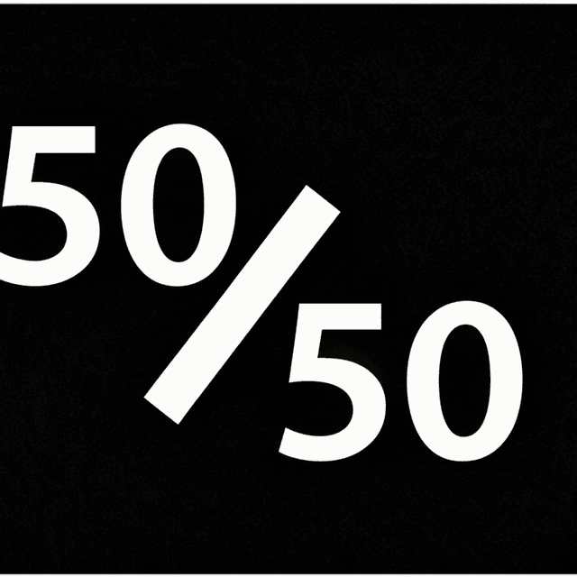 White text reading "50/50" displayed on a black rounded rectangular badge or label.