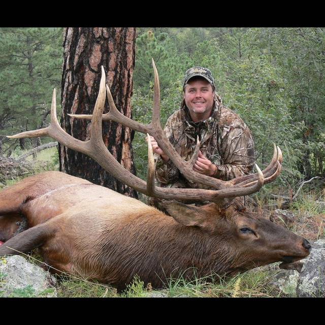 Hunter in camouflage posing with a large elk he harvested, displaying the animal's impressive antlers in a forested mountain setting.