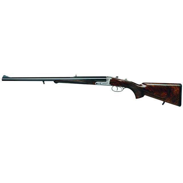 A side-view of a classic double-barrel shotgun with a dark metal barrel, ornate silver receiver, and rich brown wooden furniture and stock against a white background.