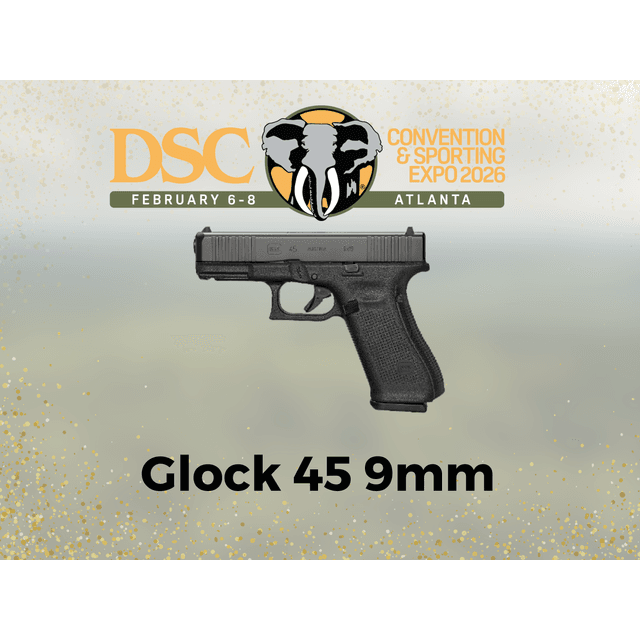 Promotional poster for DSC Convention & Sporting Expo 2026 in Atlanta, February 6-8, featuring an elephant logo and a Glock 45 9mm handgun.