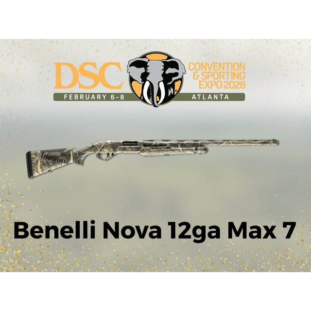 Benelli Nova 12ga Max 7 shotgun with camouflage finish displayed at the DSC Convention & Sporting Expo 2026 in Atlanta, February 6-8.