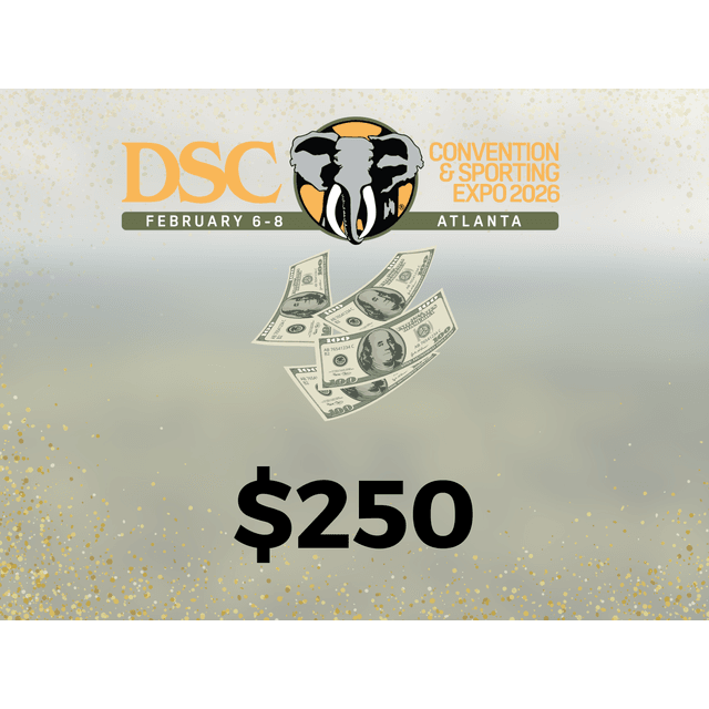 DSC Convention & Sporting Expo 2026 promotional poster for Atlanta, February 6-8, featuring an elephant logo, floating dollar bills, and $250 price text.