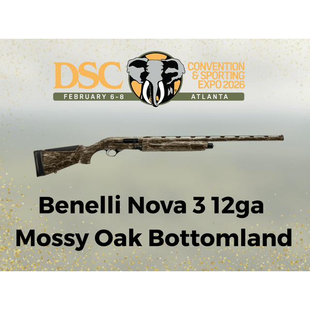 Benelli Nova 3 12-gauge shotgun with mossy oak bottomland camouflage finish displayed at the DSC Convention & Sporting Expo 2026 in Atlanta, February 6-8.