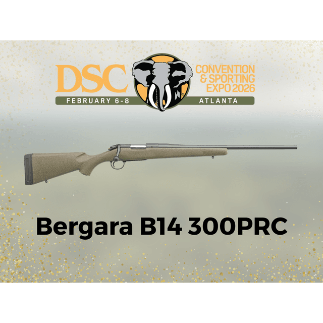 Bergara B14 300PRC rifle displayed at DSC Convention & Sporting Expo 2026, February 6-8 in Atlanta, with elephant logo and gold sparkle design elements.