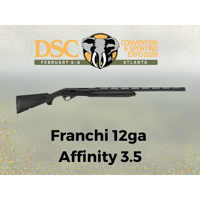 Black semi-automatic shotgun displayed above text reading "Franchi 12ga Affinity 3.5" with DSC Convention & Sporting Expo 2026 Atlanta logo at top.