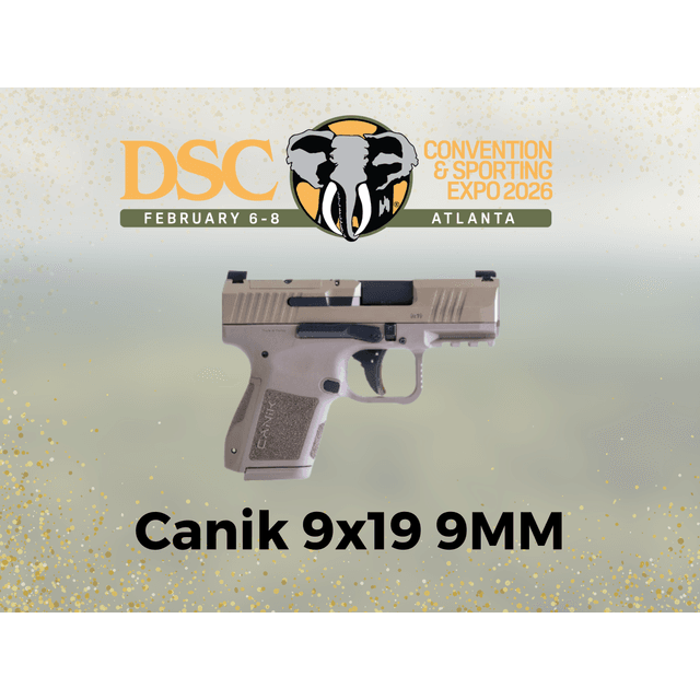 Canik 9x19 9MM pistol displayed at the DSC Convention and Sporting Expo 2026 in Atlanta, February 6-8, featuring an elephant logo and gold glitter accents.
