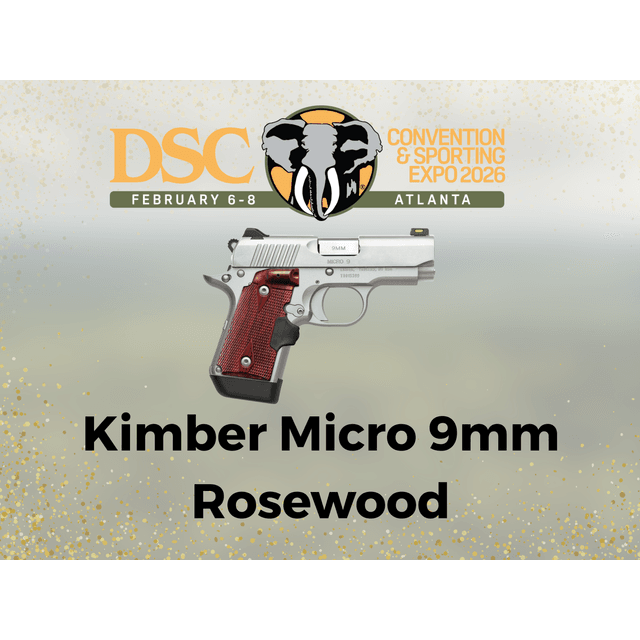 Kimber Micro 9mm Rosewood handgun displayed with DSC Convention & Sporting Expo 2026 logo, scheduled for February 6-8 in Atlanta.