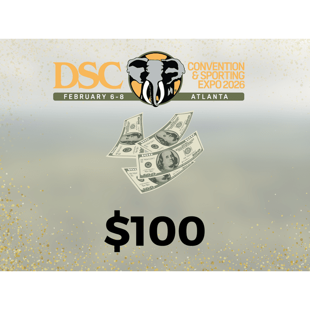 DSC Convention & Sporting Expo 2026 promotional poster for Atlanta, February 6-8, featuring an elephant logo, floating dollar bills, and $100 text with gold sparkle design elements.