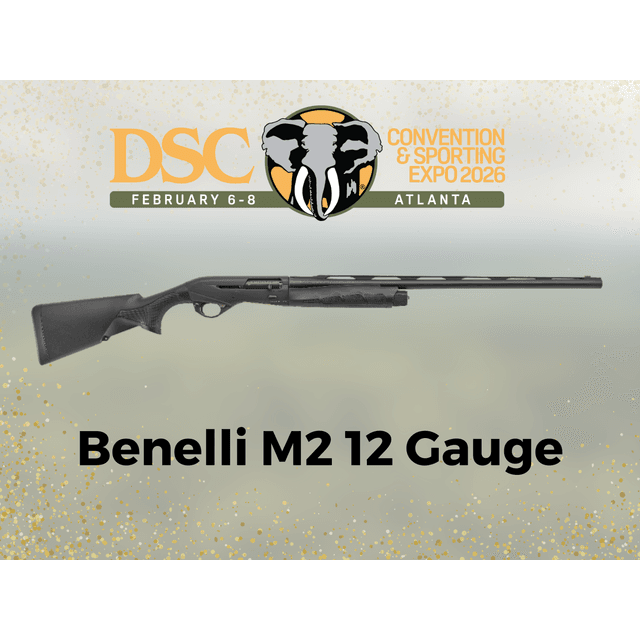 A black Benelli M2 12 gauge shotgun displayed horizontally against a light background with the DSC Convention & Sporting Expo 2026 logo for Atlanta, February 6-8.