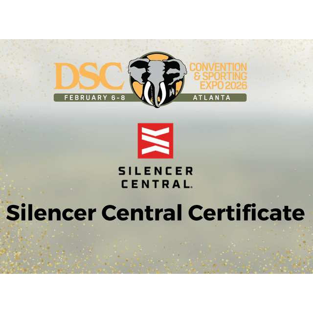 DSC Convention & Sporting Expo 2026 in Atlanta February 6-8 features Silencer Central Certificate with elephant logo and red brand icon on textured background.