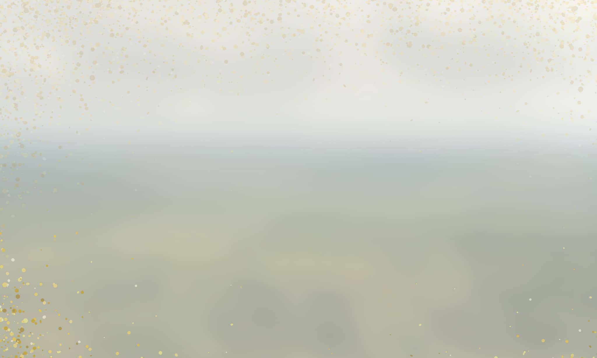 Soft gradient background transitioning from cream at top to gray-green, with scattered gold and white sparkles and bokeh particles concentrated at the bottom, creating an elegant, festive atmosphere.
