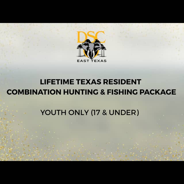 DSC East Texas logo with elephant silhouette and trees, advertising a lifetime Texas resident combination hunting and fishing package for youth 17 and under.