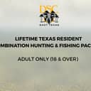 DSC East Texas logo with text advertising a Lifetime Texas Resident Combination Hunting & Fishing Package for adults 18 and over, on a textured background with gold sparkles.