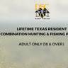 DSC East Texas logo with text advertising a Lifetime Texas Resident Combination Hunting & Fishing Package for adults 18 and over, on a textured background with gold sparkles.