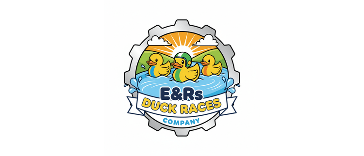 Logo for E&Rs Duck Races Company featuring three yellow rubber ducks in water, with a gear-shaped border and sunny background.