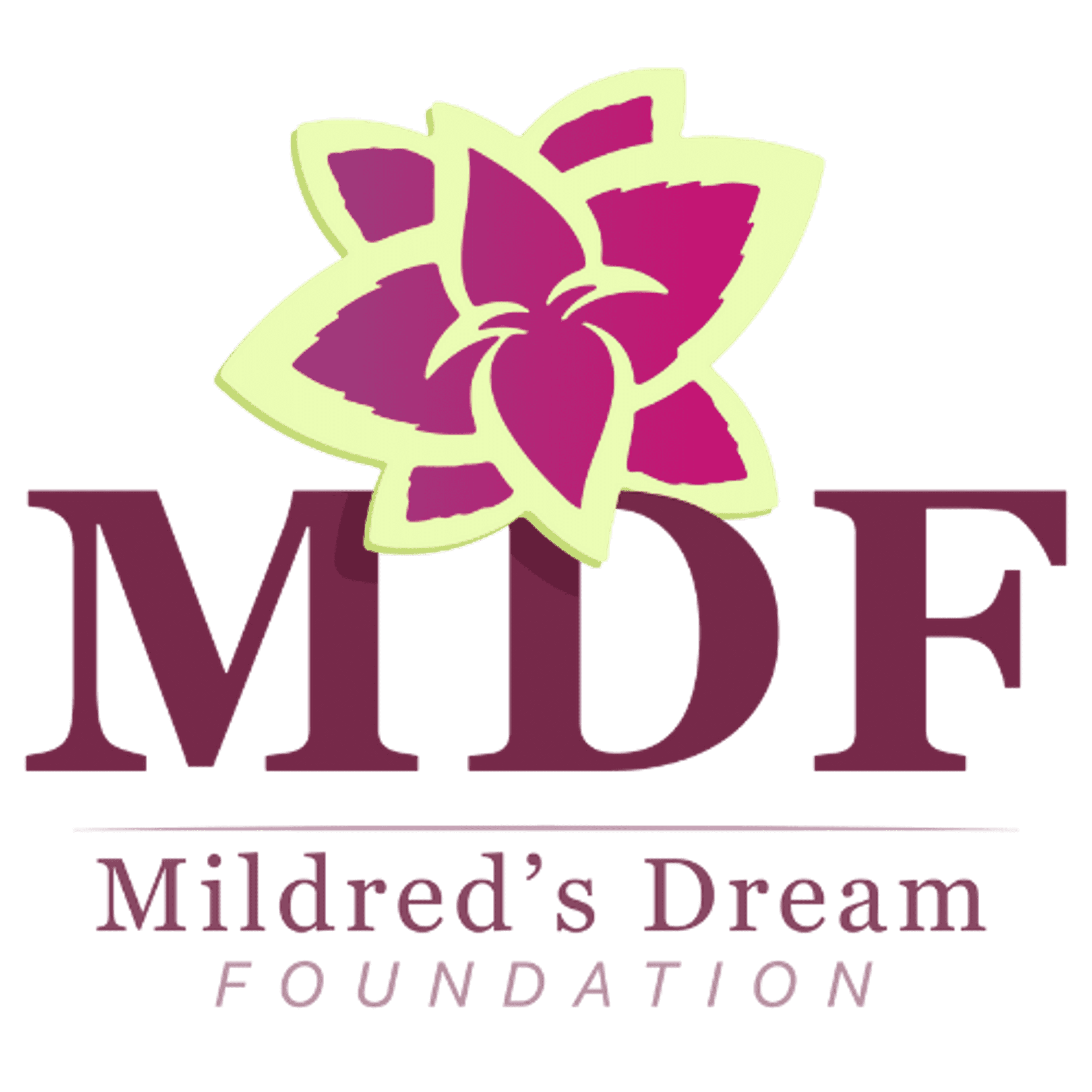 Mildred's Dream Foundation logo featuring a stylized magenta and lime green flower design above the acronym MIDF with full organization name below.