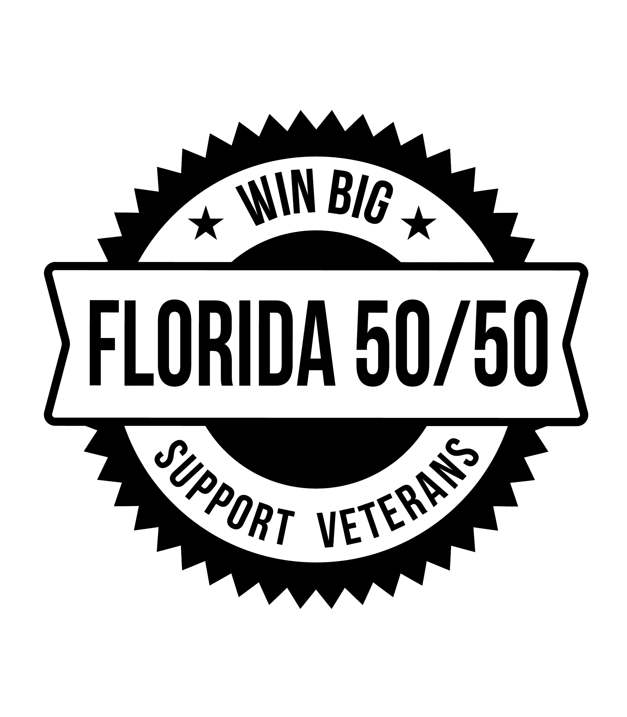 Black and white starburst logo for Florida 50/50 program supporting veterans, with "Win Big" text