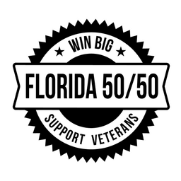 Black and white starburst logo for Florida 50/50 program supporting veterans, with "Win Big" text