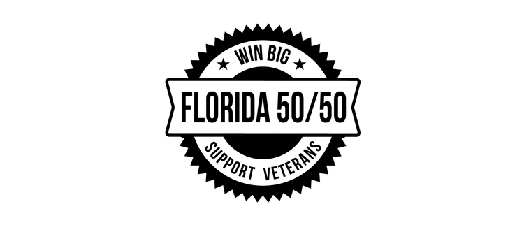 Black and white logo for Florida 50/50 campaign to support veterans, with starburst design