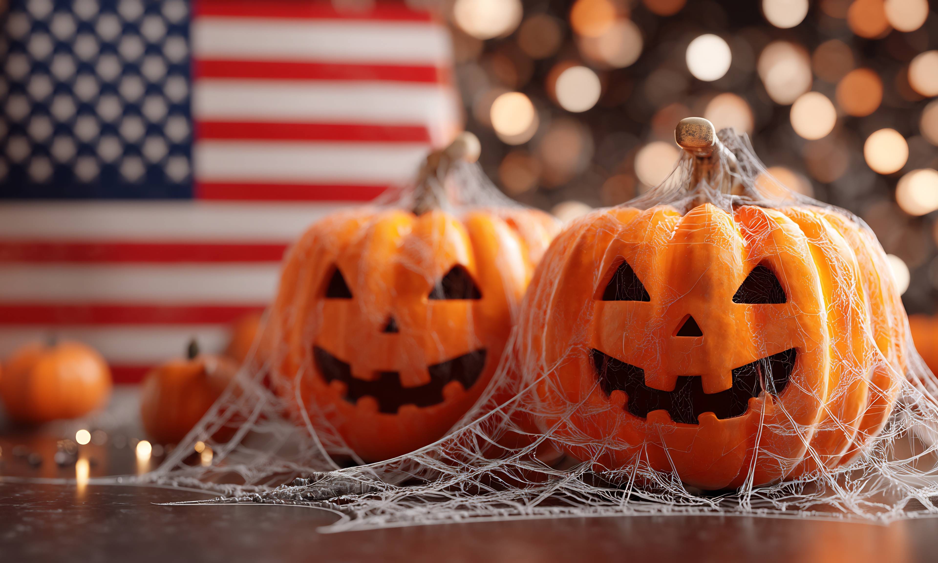 Jack-o'-lanterns with spider webs in front of American flag, Halloween decorations with bokeh lights