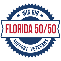 A blue and red badge seal with "Win Big" at the top, "Florida 50/50" in large red text in the center, and "Support Veterans" at the bottom, featuring stars and a jagged border.