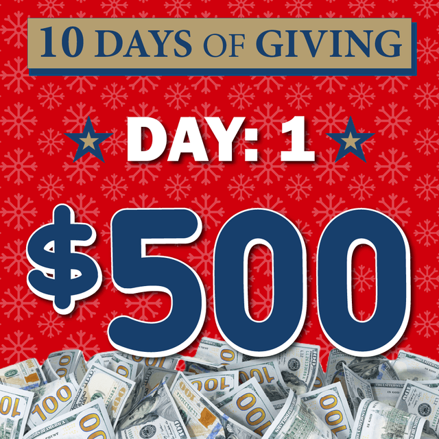 A festive red poster for "10 Days of Giving" Day 1 featuring "$500" in large blue numbers with dollar bills at the bottom and snowflake patterns throughout.