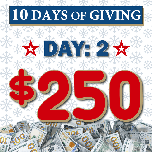 "10 Days of Giving" promotional graphic showing Day 2 with $250 donation amount, featuring red text, snowflake background, and scattered $100 bills at bottom.