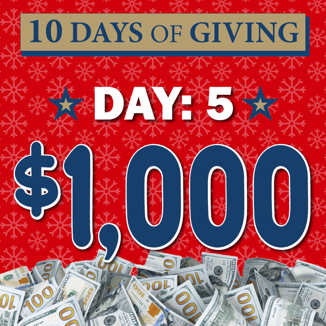 A festive red poster for "10 Days of Giving" Day 5, featuring "$1,000" in large blue text with stars, snowflakes, and scattered hundred-dollar bills at the bottom.