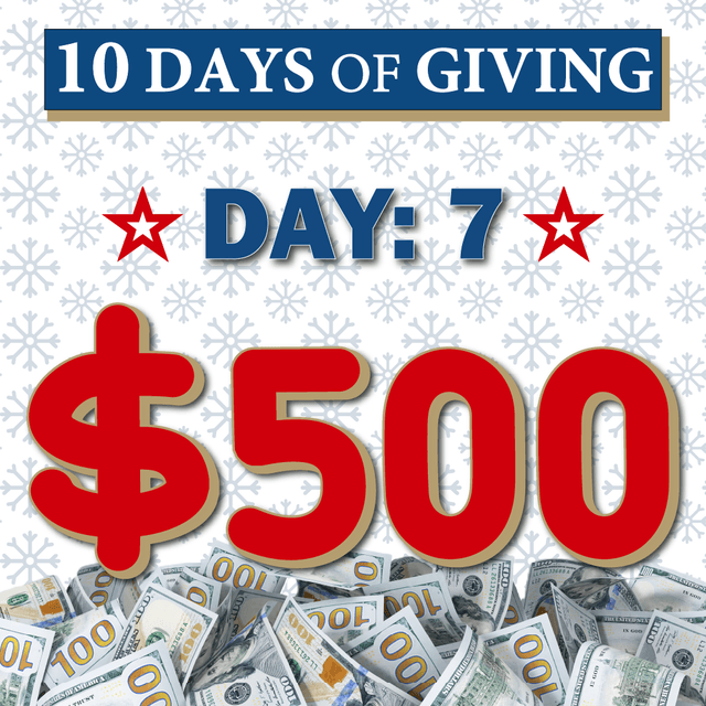 "10 Days of Giving" promotional poster for Day 7 featuring a large red "$500" amount with hundred dollar bills at the bottom, snowflake background, and red stars.