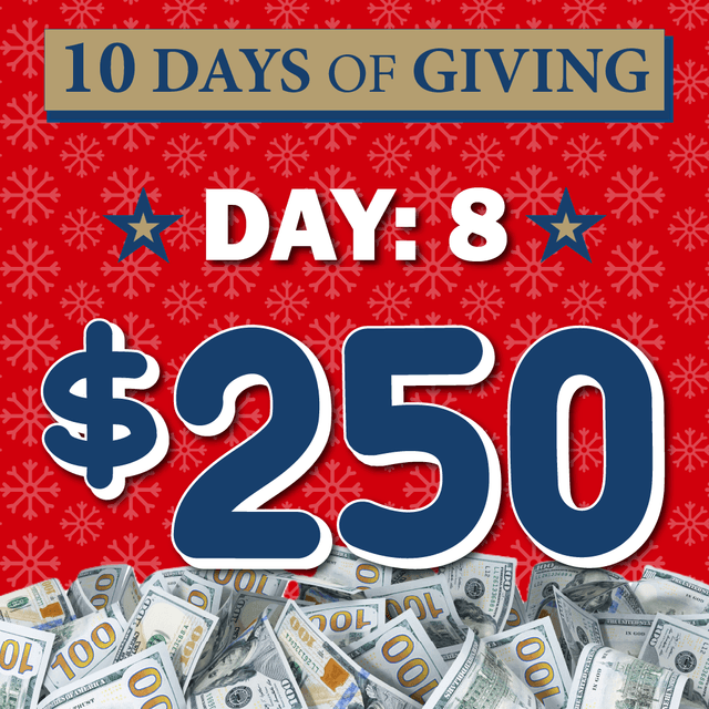 A "10 Days of Giving" promotional graphic for Day 8 featuring a $250 donation amount, decorated with snowflakes, stars, and $100 bills on a red background.