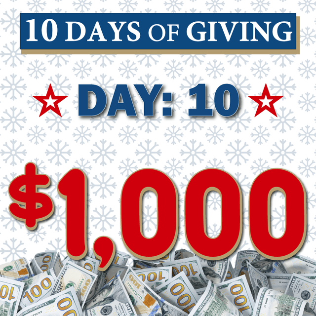 "10 Days of Giving" campaign poster for Day 10 featuring a $1,000 donation amount in red text with snowflake background and dollar bills at the bottom.