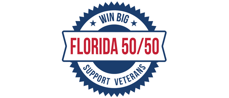 A circular badge seal in navy blue and red with "Win Big" at the top, "Florida 50/50" in large red text in the center, and "Support Veterans" at the bottom, surrounded by a jagged star border.