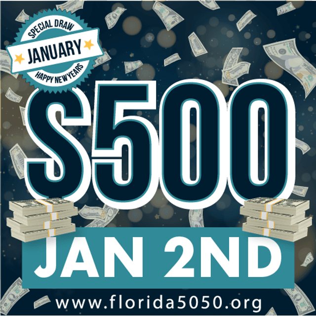 Special draw promotional graphic for a $500 January 2nd giveaway, featuring falling cash, stacked money, and the website florida5050.org on a dark background.