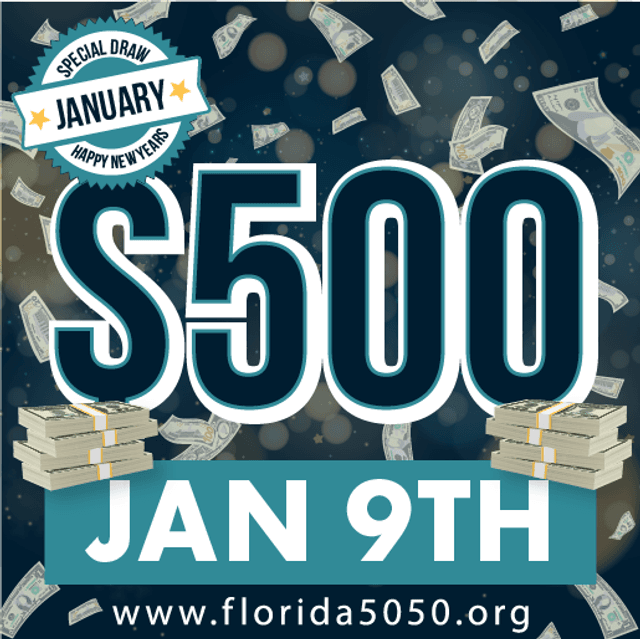 Special draw promotion for January 9th offering $500 prize with falling money and cash stacks on dark background.