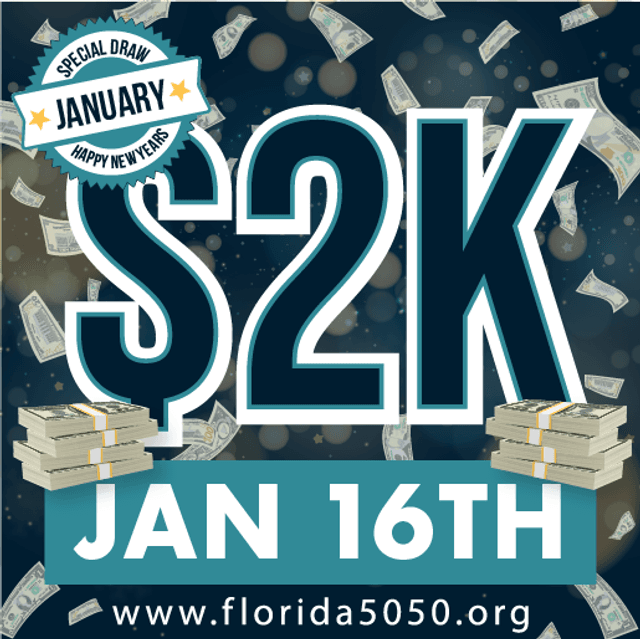 A promotional poster for a $2K special draw happening January 16th, featuring falling money and stacked cash, with "Happy New Year" text and a website URL.