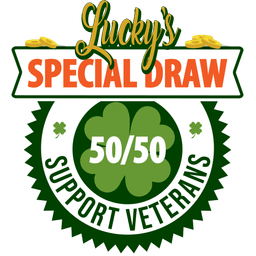 Lucky's Special Draw 50/50 Support Veterans logo featuring green four-leaf clover with gold coins and text on white and green badge design.