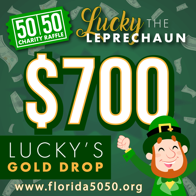 A Lucky Leprechaun charity raffle poster advertising a $700 gold drop prize, featuring a smiling leprechaun character and falling dollar bills on a green background.