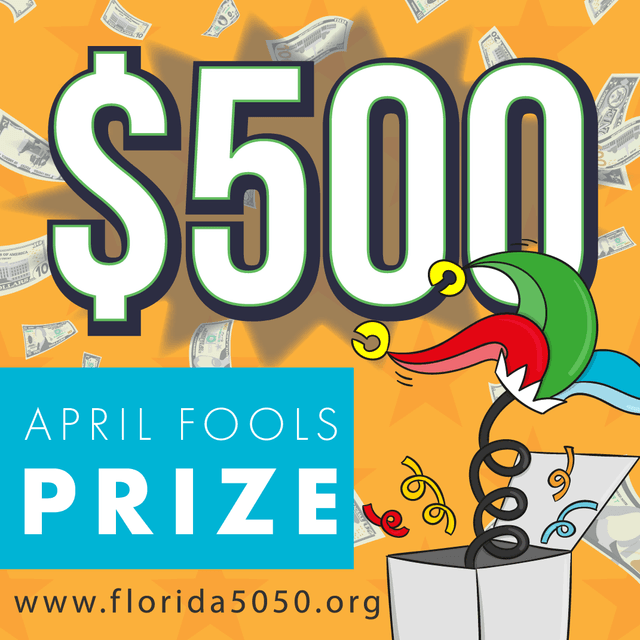 A colorful promotional poster for a $500 April Fools Prize featuring large dollar text, falling money, and a jester's hat popping out of a box against a bright orange background.