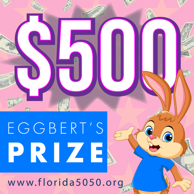 Large purple "$500" text with falling dollar bills on pink background, cartoon rabbit mascot in blue shirt, and "Eggbert's Prize" text with website URL.