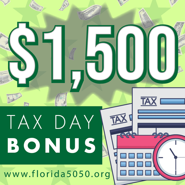 Large green text displaying "$1,500" on a lime green background with falling dollar bills, accompanied by "TAX DAY BONUS" text, tax forms, and a calendar clock icon.