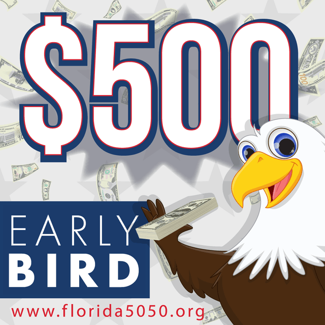 Cartoon eagle holding cash next to "$500 Early Bird" text with falling dollar bills on white background and website URL.